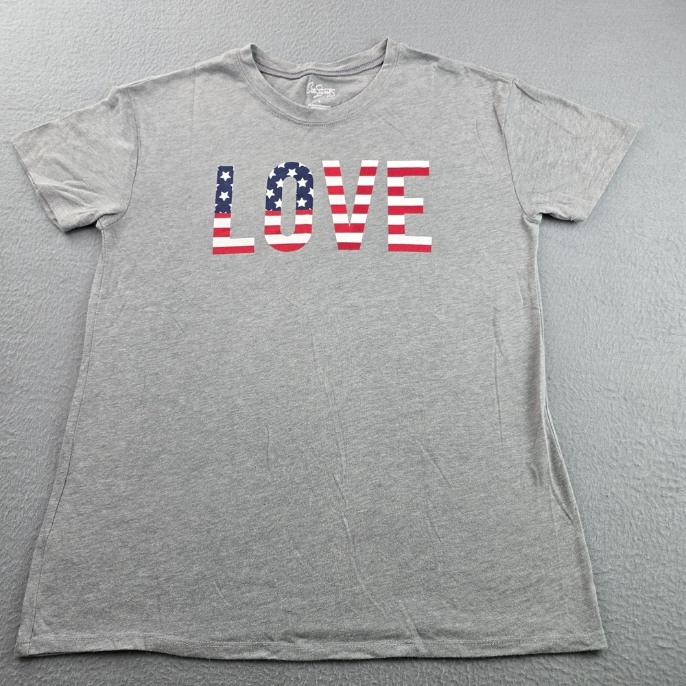 City Streets T-Shirt Women Small Gray LOVE Graphic Filled American Flag Pullover